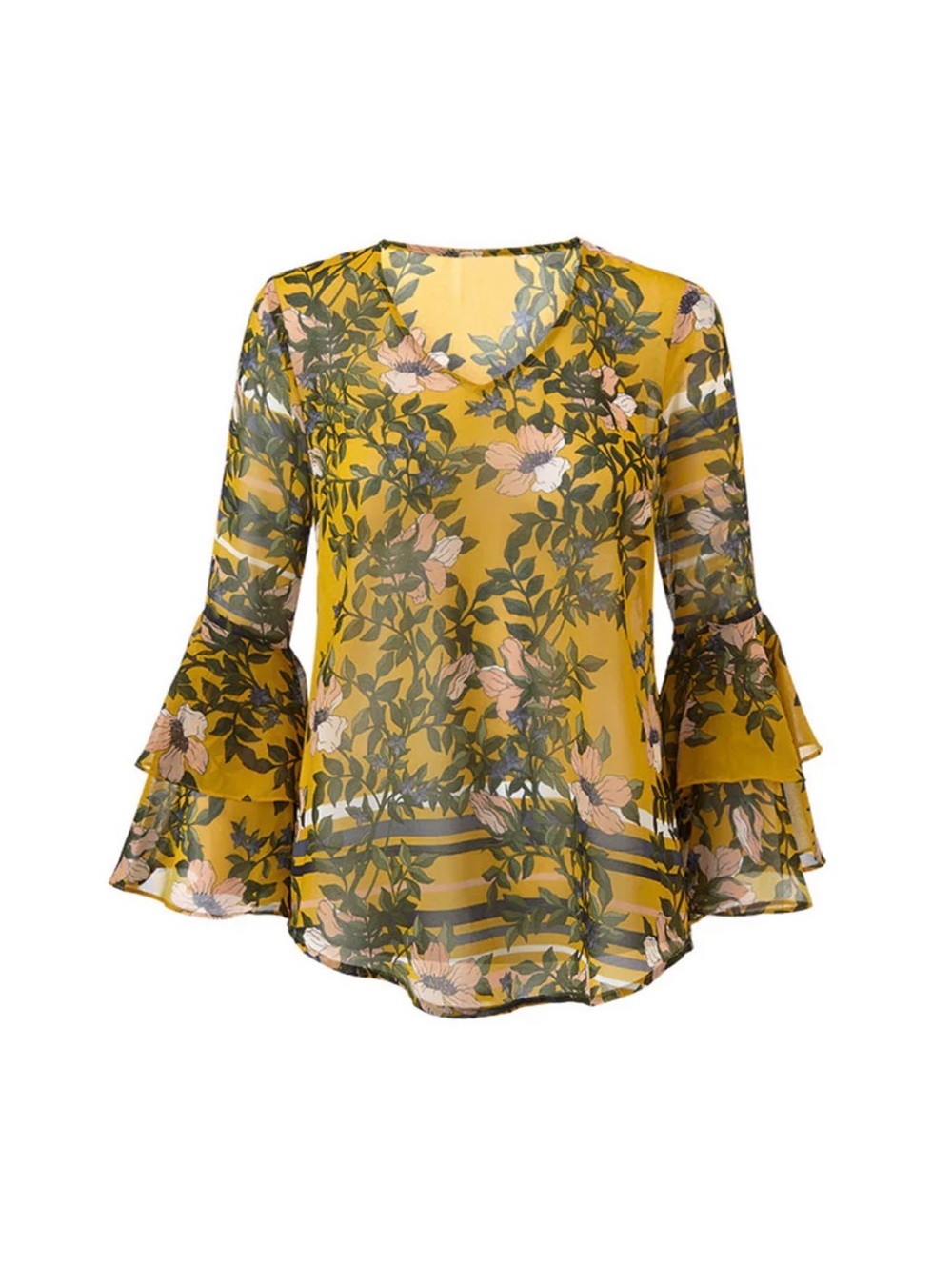 CAbi Scene Yellow Floral Tiered-Ruffle Blouse Sz. Large